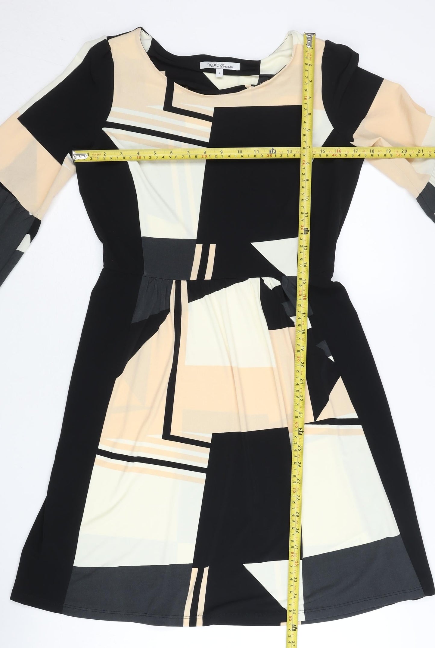 Next Women’s Black Beige Geometric A-Line Dress UK 8