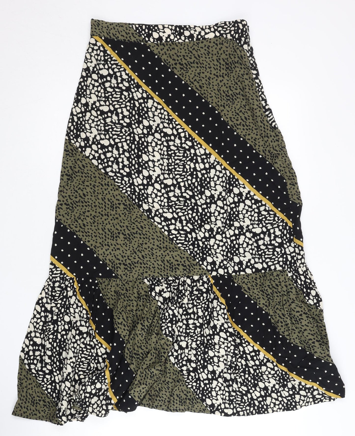 Oliver Bonas Women's Green Black Midi A-Line Skirt UK 8 Bohemian