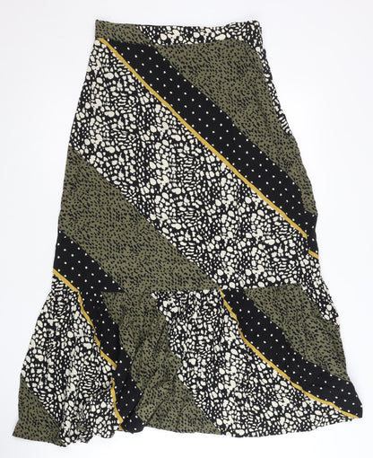 Oliver Bonas Women's Green Black Midi A-Line Skirt UK 8 Bohemian