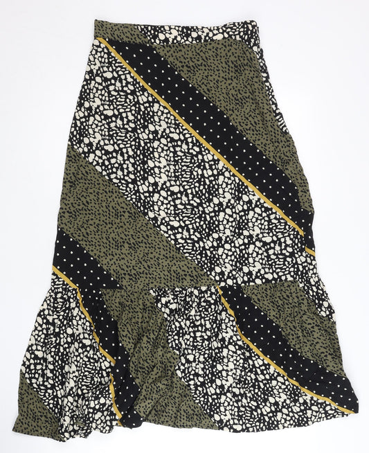 Oliver Bonas Women's Green Black Midi A-Line Skirt UK 8 Bohemian