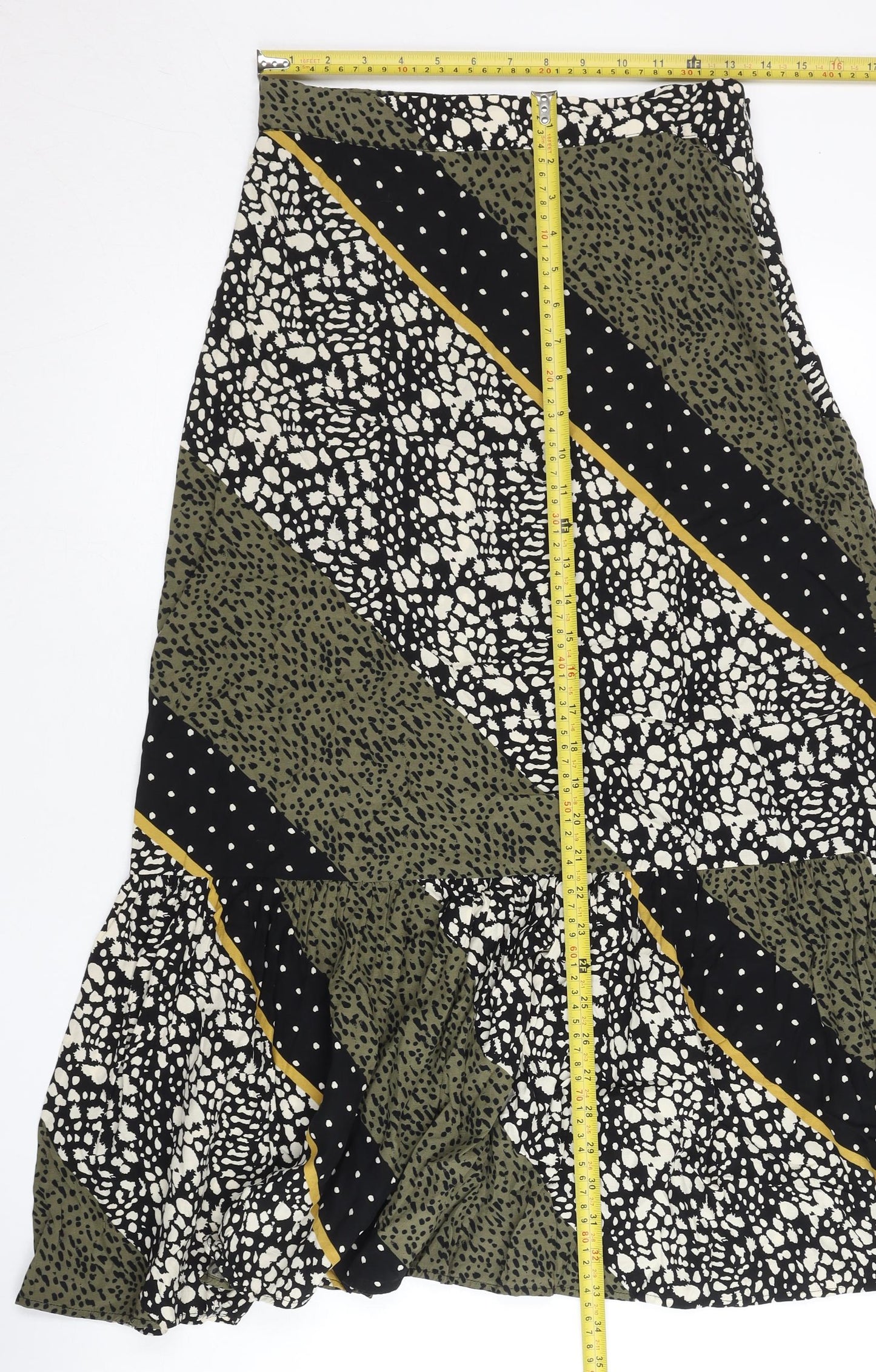 Oliver Bonas Women's Green Black Midi A-Line Skirt UK 8 Bohemian