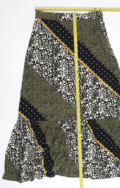Oliver Bonas Women's Green Black Midi A-Line Skirt UK 8 Bohemian