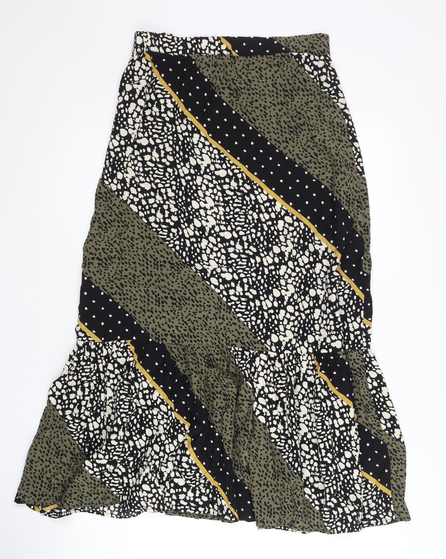 Oliver Bonas Women's Green Black Midi A-Line Skirt UK 8 Bohemian