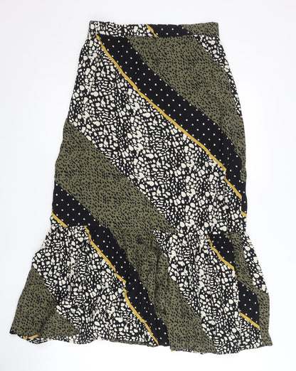Oliver Bonas Women's Green Black Midi A-Line Skirt UK 8 Bohemian