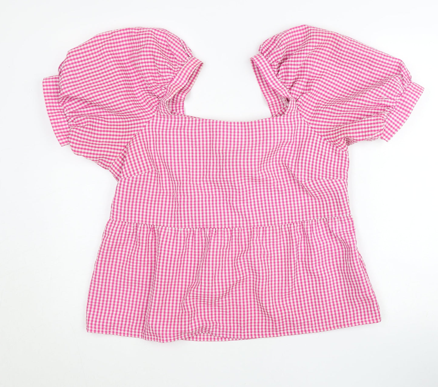 New Look Women’s Pink Check Puff Sleeve Square Neck Blouse Size 14