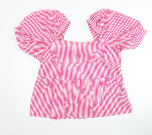 New Look Women’s Pink Check Puff Sleeve Square Neck Blouse Size 14