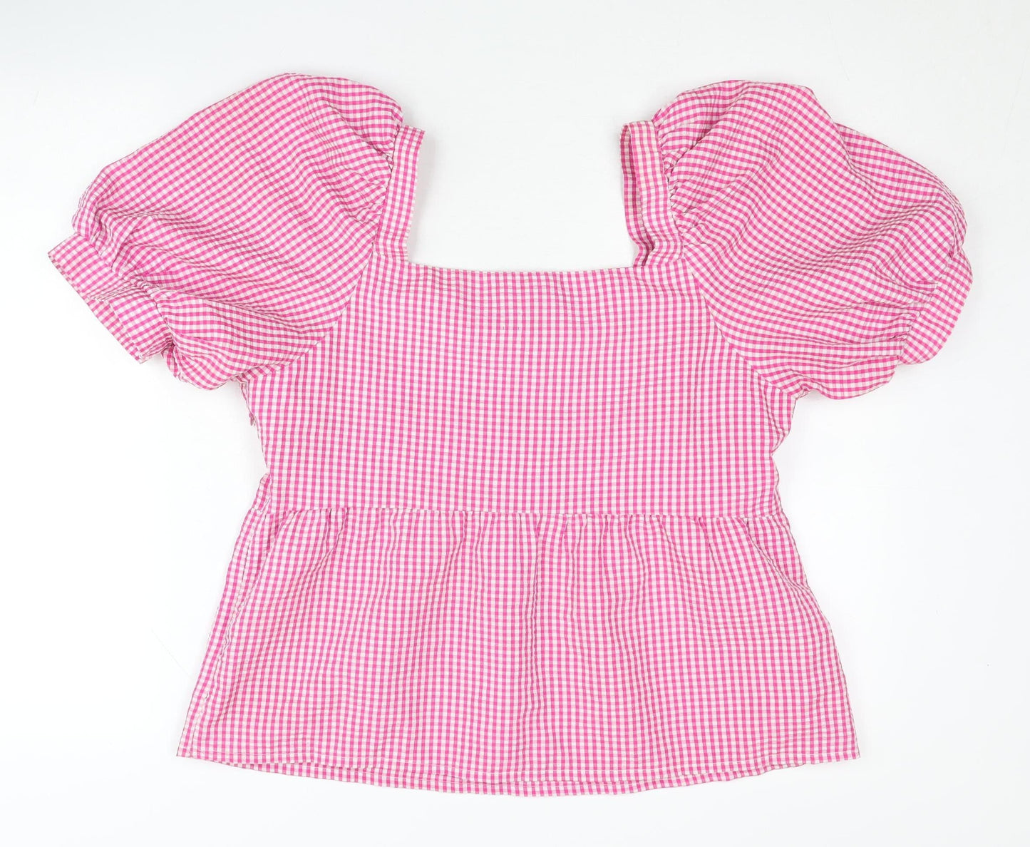 New Look Women’s Pink Check Puff Sleeve Square Neck Blouse Size 14