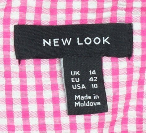 New Look Women’s Pink Check Puff Sleeve Square Neck Blouse Size 14