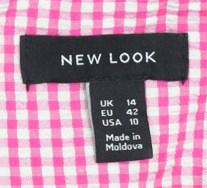 New Look Women’s Pink Check Puff Sleeve Square Neck Blouse Size 14