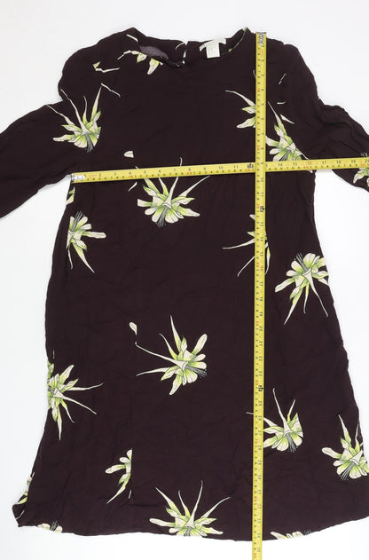 H&M Women Brown Floral Shift Dress Size 12 Long Sleeve