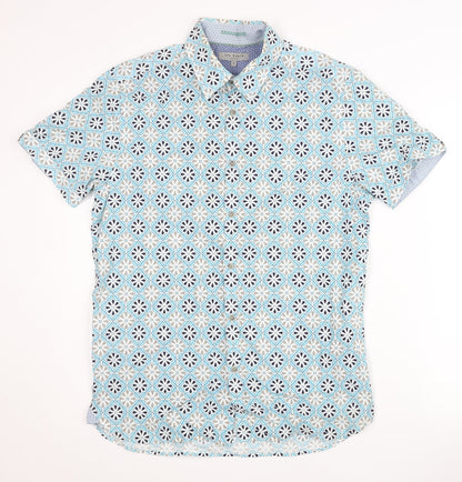 Ted Baker Mens Blue Geometric Short Sleeve Cotton Button Shirt M
