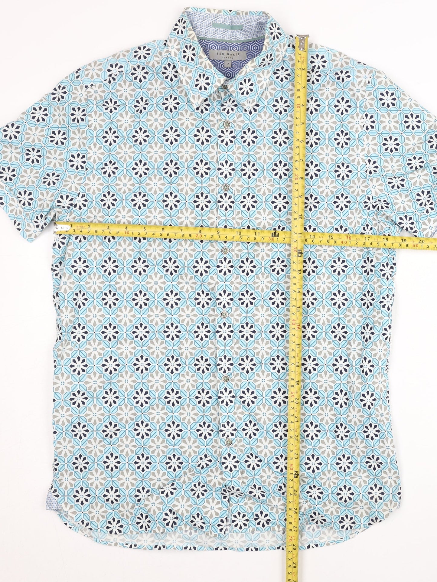 Ted Baker Mens Blue Geometric Short Sleeve Cotton Button Shirt M