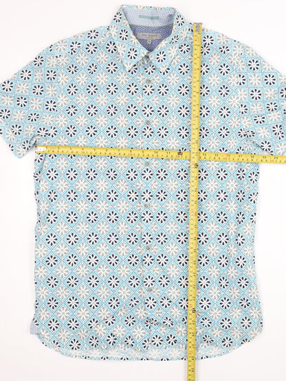 Ted Baker Mens Blue Geometric Short Sleeve Cotton Button Shirt M