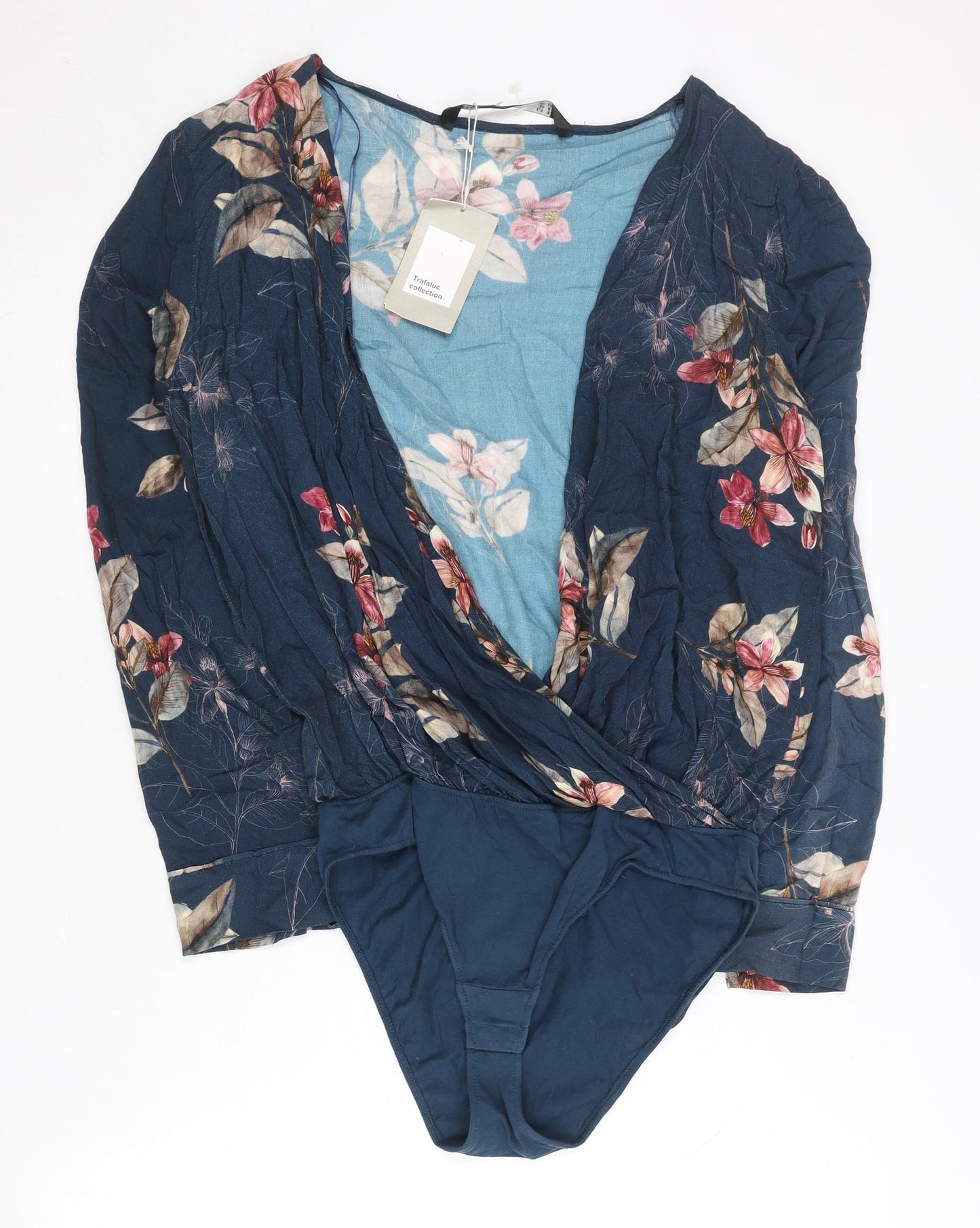 Zara Women Blue Floral Viscose Bodysuit Size 6 Long Sleeve V-Neck