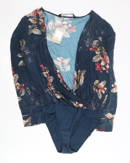 Zara Women Blue Floral Viscose Bodysuit Size 6 Long Sleeve V-Neck