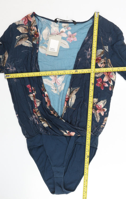 Zara Women Blue Floral Viscose Bodysuit Size 6 Long Sleeve V-Neck