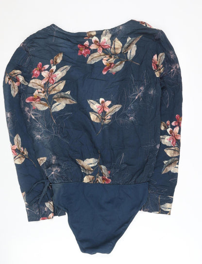 Zara Women Blue Floral Viscose Bodysuit Size 6 Long Sleeve V-Neck