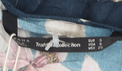 Zara Women Blue Floral Viscose Bodysuit Size 6 Long Sleeve V-Neck