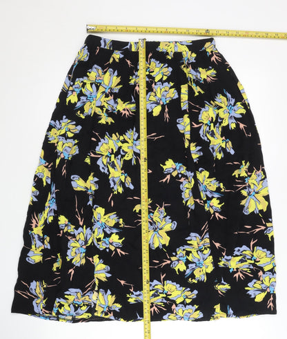 Topshop Women’s Black Floral Midi A-Line Skirt Size 8 Viscose