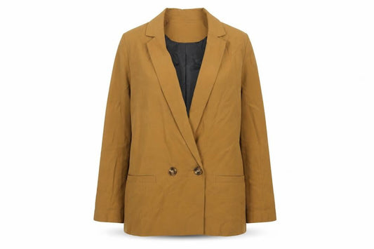 Front view of Tu Woman Brown Double-Breasted Blazer Jacket, size 14