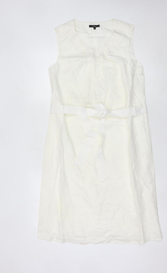 Linea Women’s White Linen Sleeveless Belted Knee Length Dress Size 12