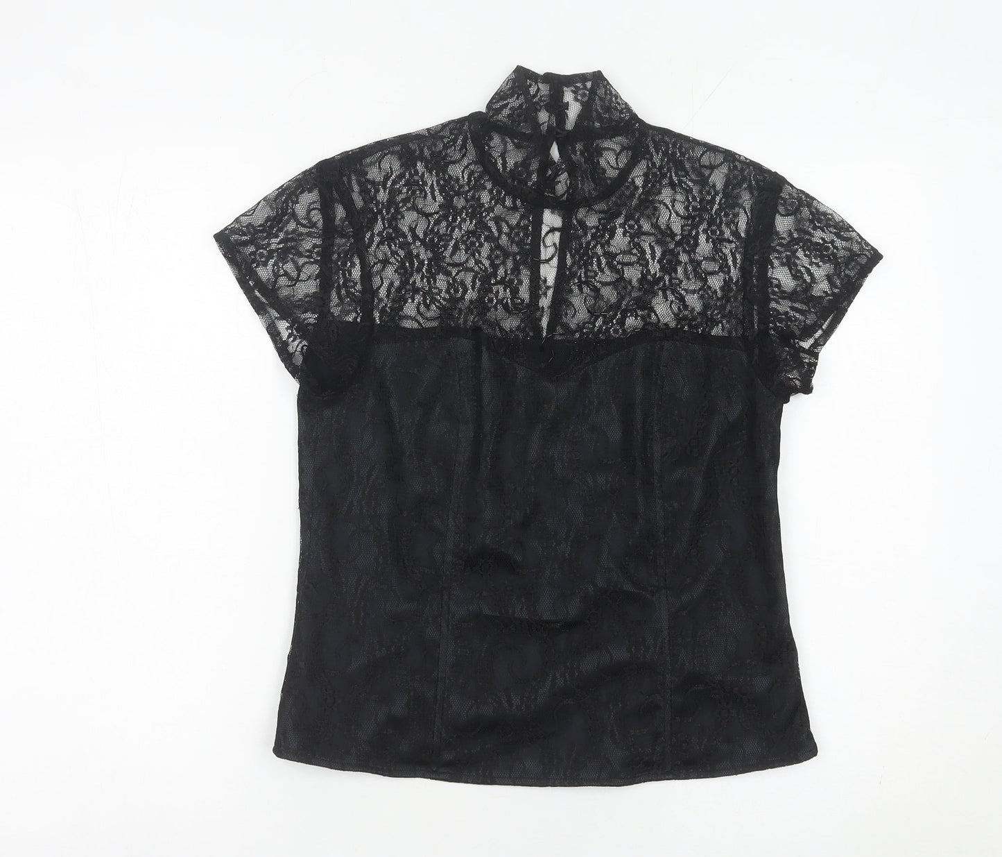 Minuet Womens Black Lace High Neck Blouse UK 12 Short Sleeve Evening