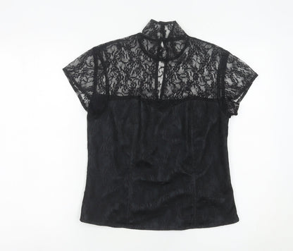 Minuet Womens Black Lace High Neck Blouse UK 12 Short Sleeve Evening