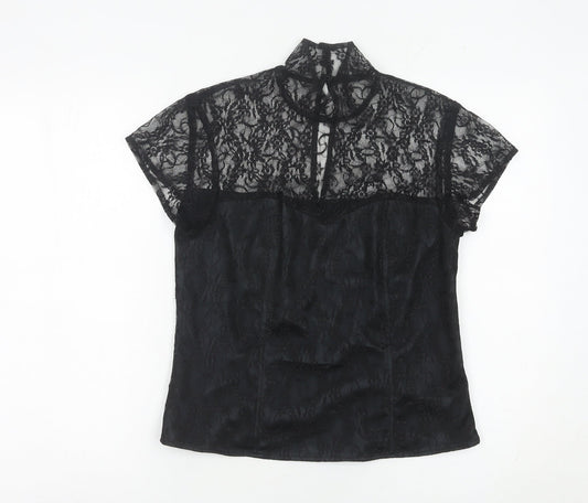 Minuet Womens Black Lace High Neck Blouse UK 12 Short Sleeve Evening