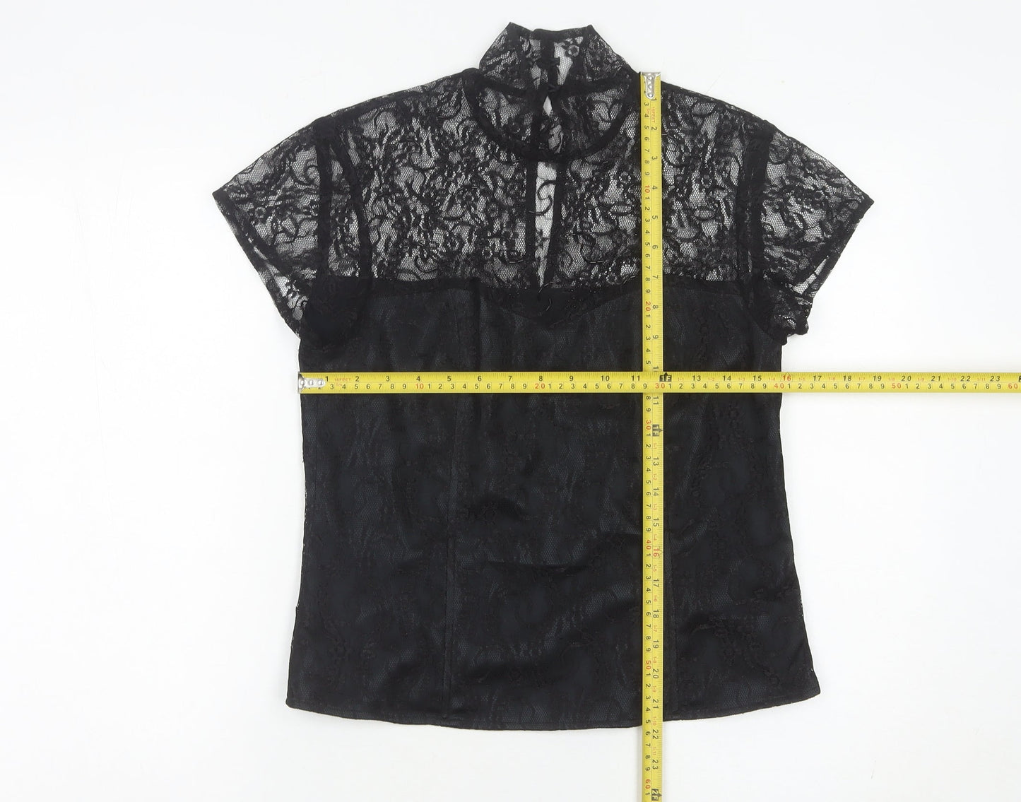 Minuet Womens Black Lace High Neck Blouse UK 12 Short Sleeve Evening