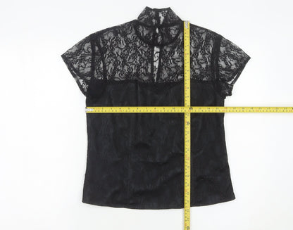 Minuet Womens Black Lace High Neck Blouse UK 12 Short Sleeve Evening