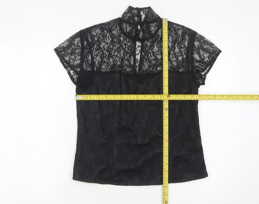 Minuet Womens Black Lace High Neck Blouse UK 12 Short Sleeve Evening