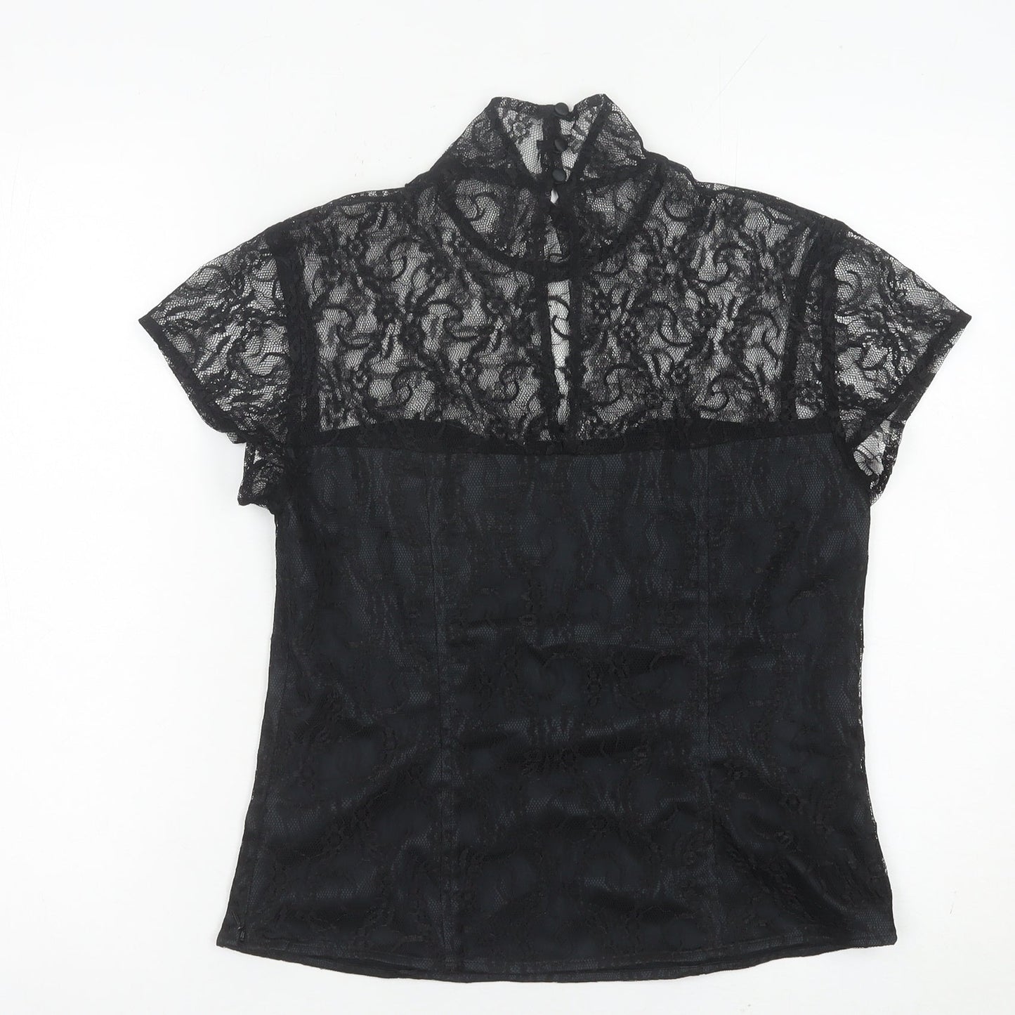Minuet Womens Black Lace High Neck Blouse UK 12 Short Sleeve Evening