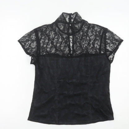 Minuet Womens Black Lace High Neck Blouse UK 12 Short Sleeve Evening