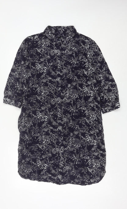 Next Womens Black Floral Shirt Dress Size 10 Collared 3/4 Sleeve