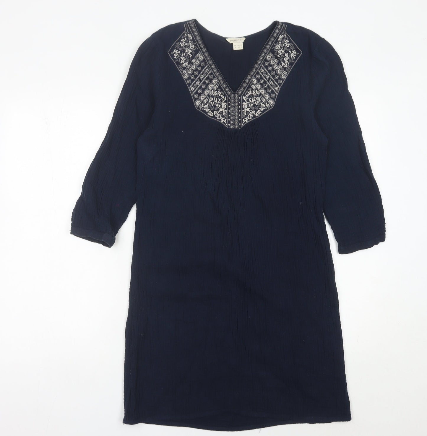 Monsoon Womens Blue Cotton Embroidered Shift Dress Size 8
