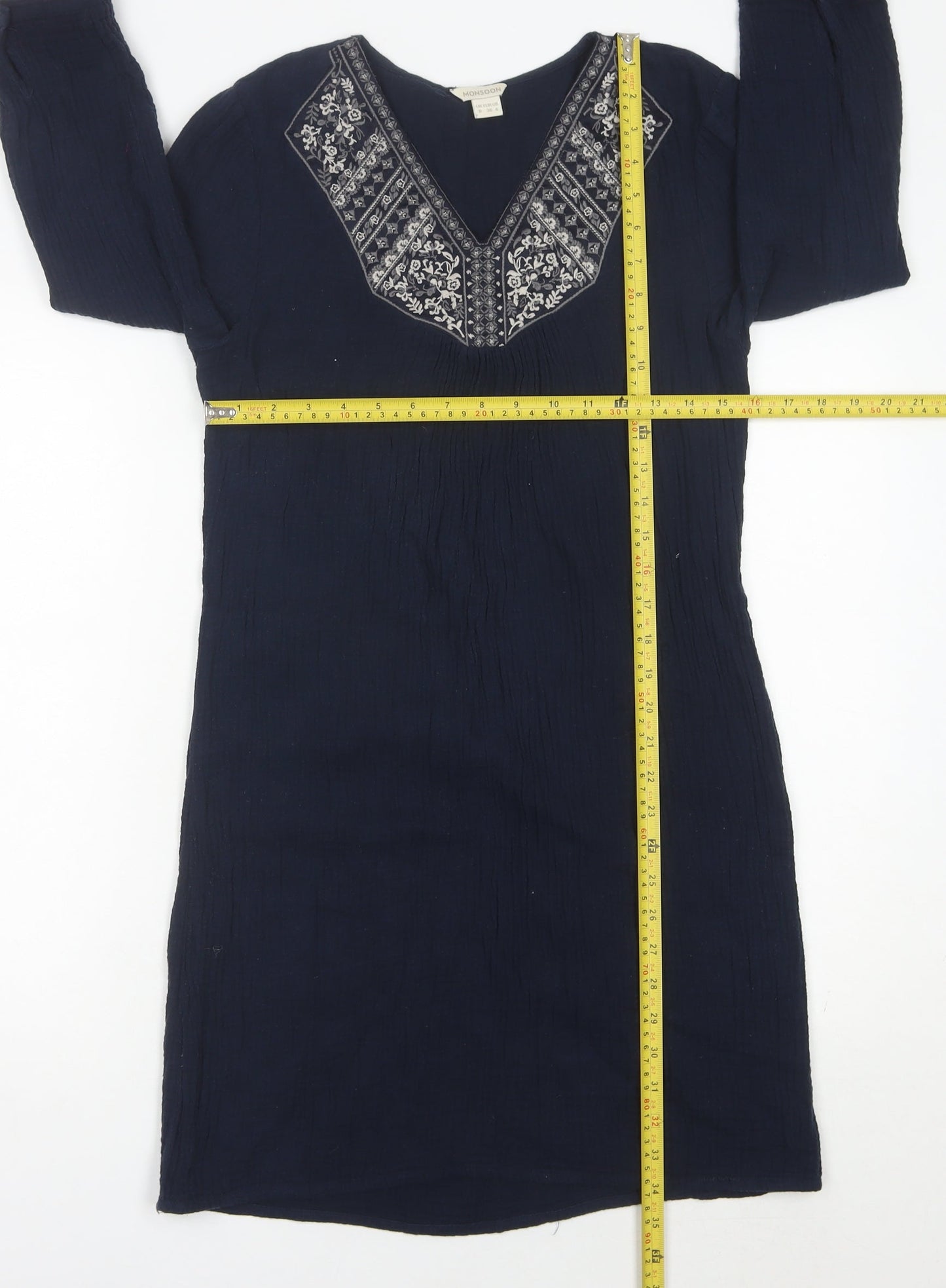 Monsoon Womens Blue Cotton Embroidered Shift Dress Size 8