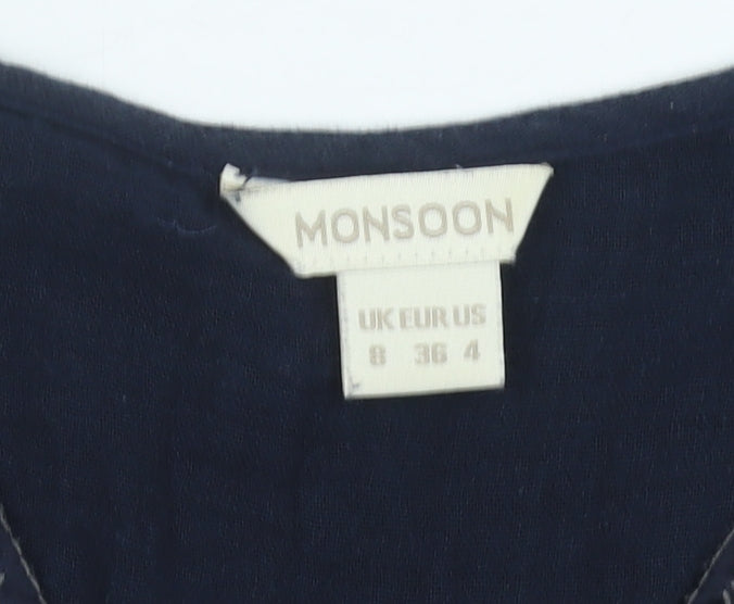 Monsoon Womens Blue Cotton Embroidered Shift Dress Size 8