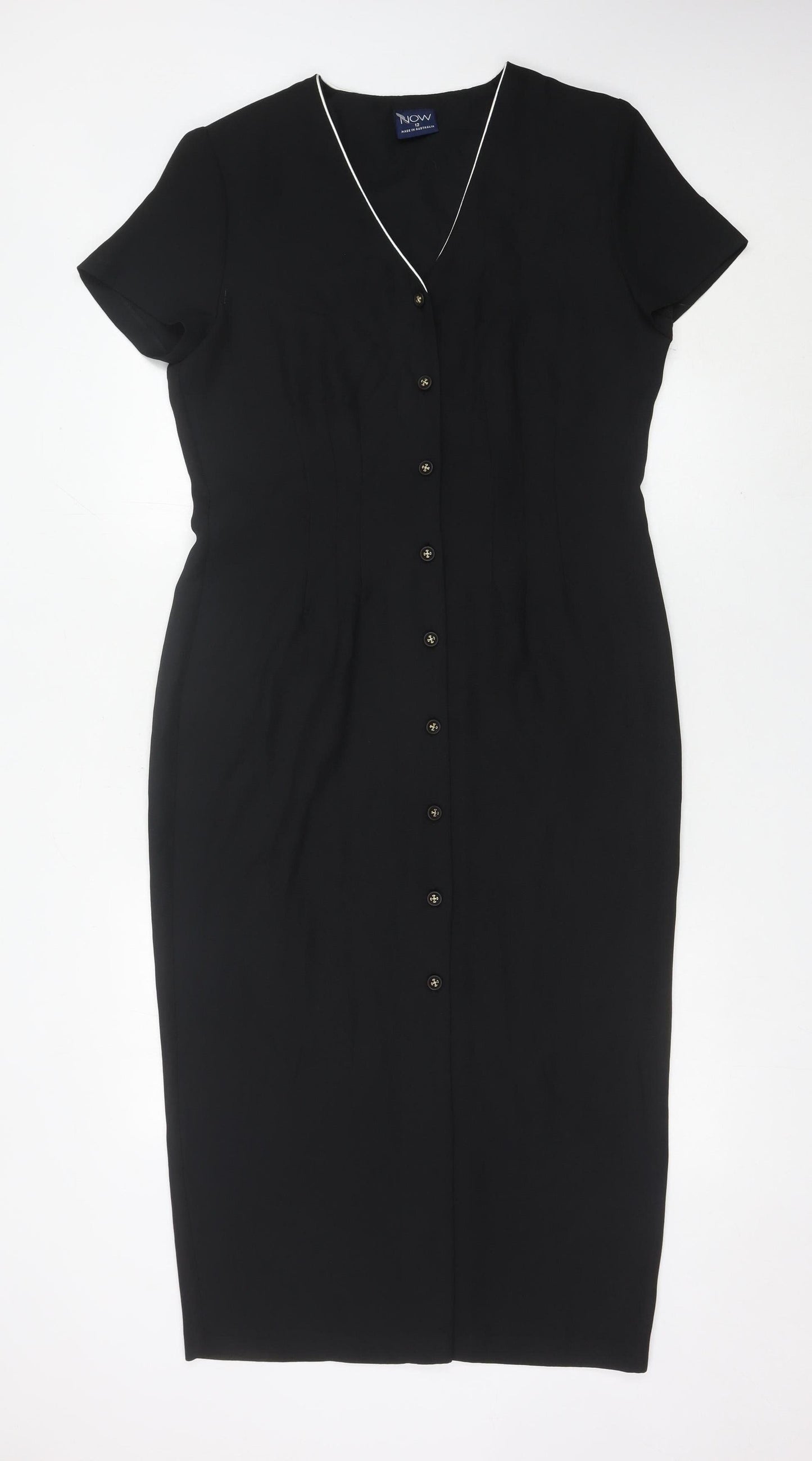 Now Womens Black Midi Sheath Dress Size 12 V-Neck Short Sleeve