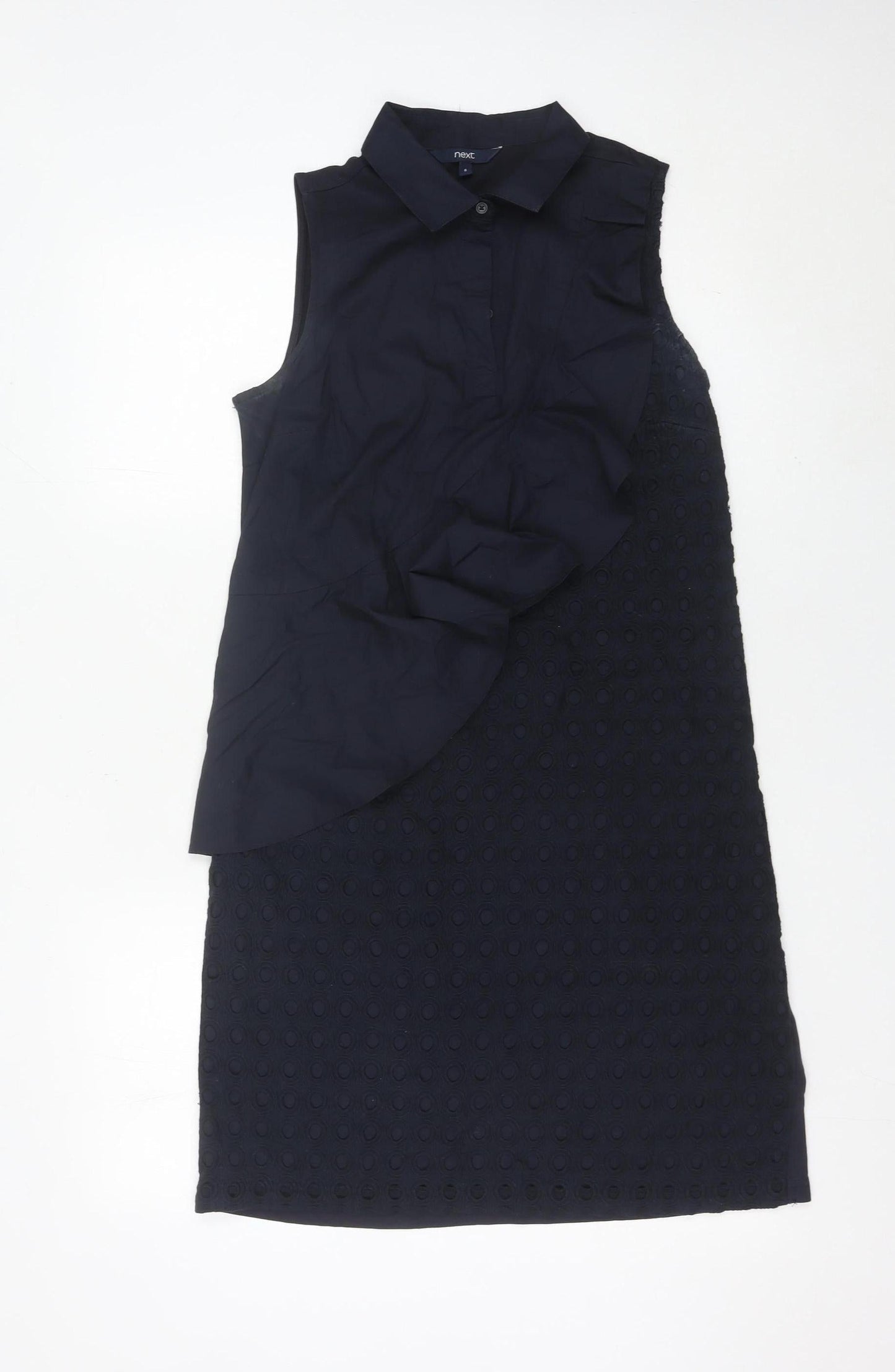 Next Womens Black Collared Ruffle Shift Dress Size 8 Sleeveless