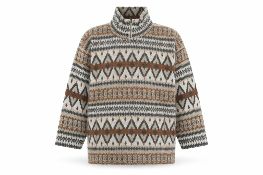 Instyle Womens Brown Grey Fair Isle 1/4 Zip Wool Blend Sweatshirt One Size