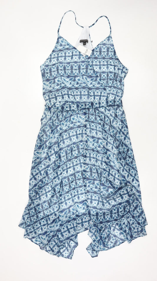 Banana Republic Women Blue L Geometric Sleeveless Hi-Low Slip Dress