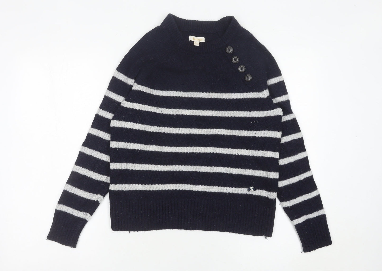 Barbour Womens Blue Striped Wool Jumper Size 10 Crew Neck
