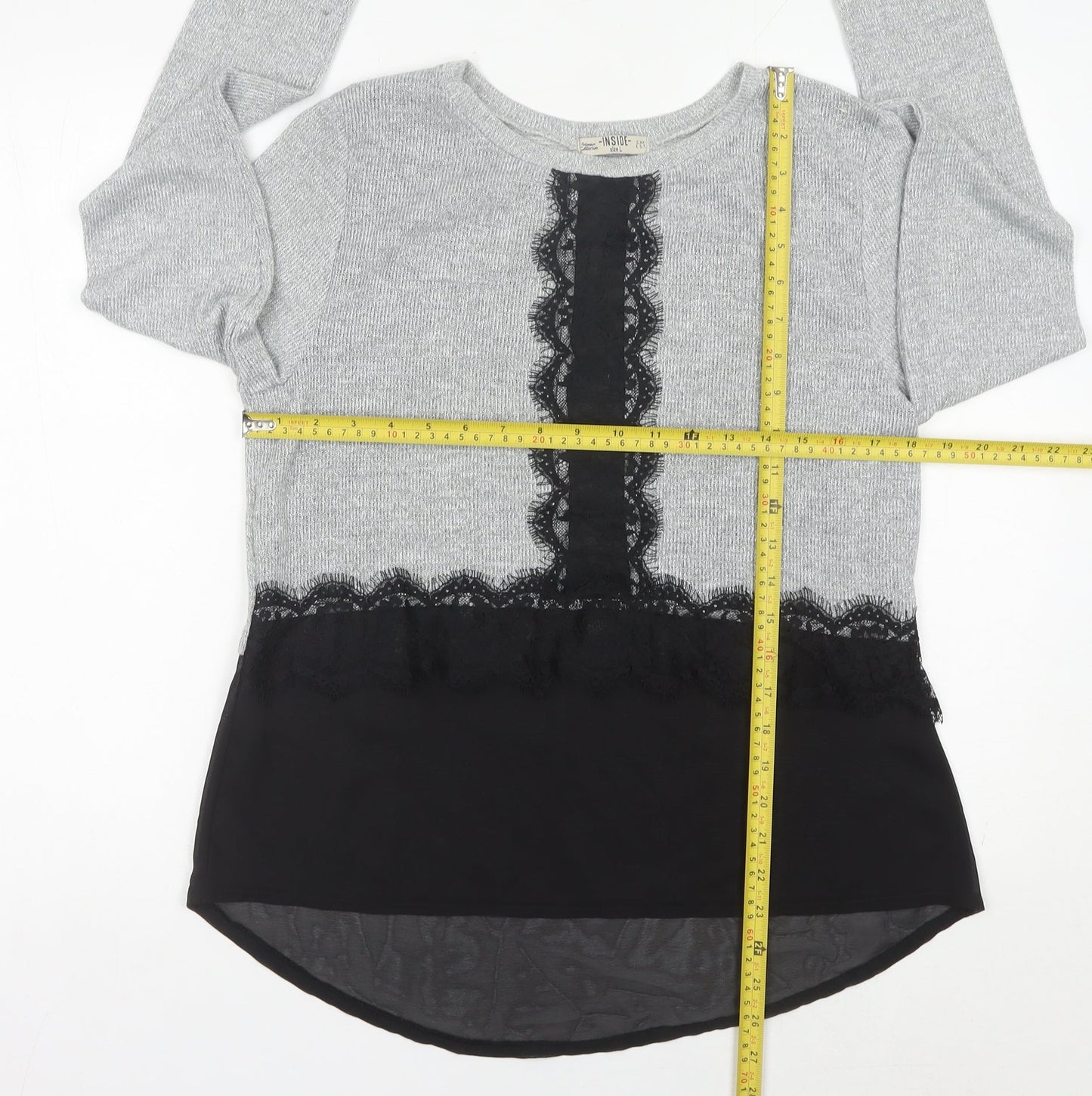 Inside Womens Grey Lace Accent Knit Pullover Jumper Size L