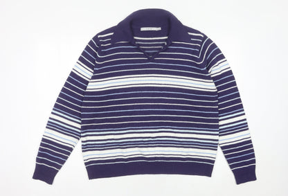 EWM Womens Blue Striped Collared Pullover Jumper Size 18-20
