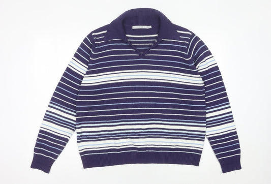 EWM Womens Blue Striped Collared Pullover Jumper Size 18-20