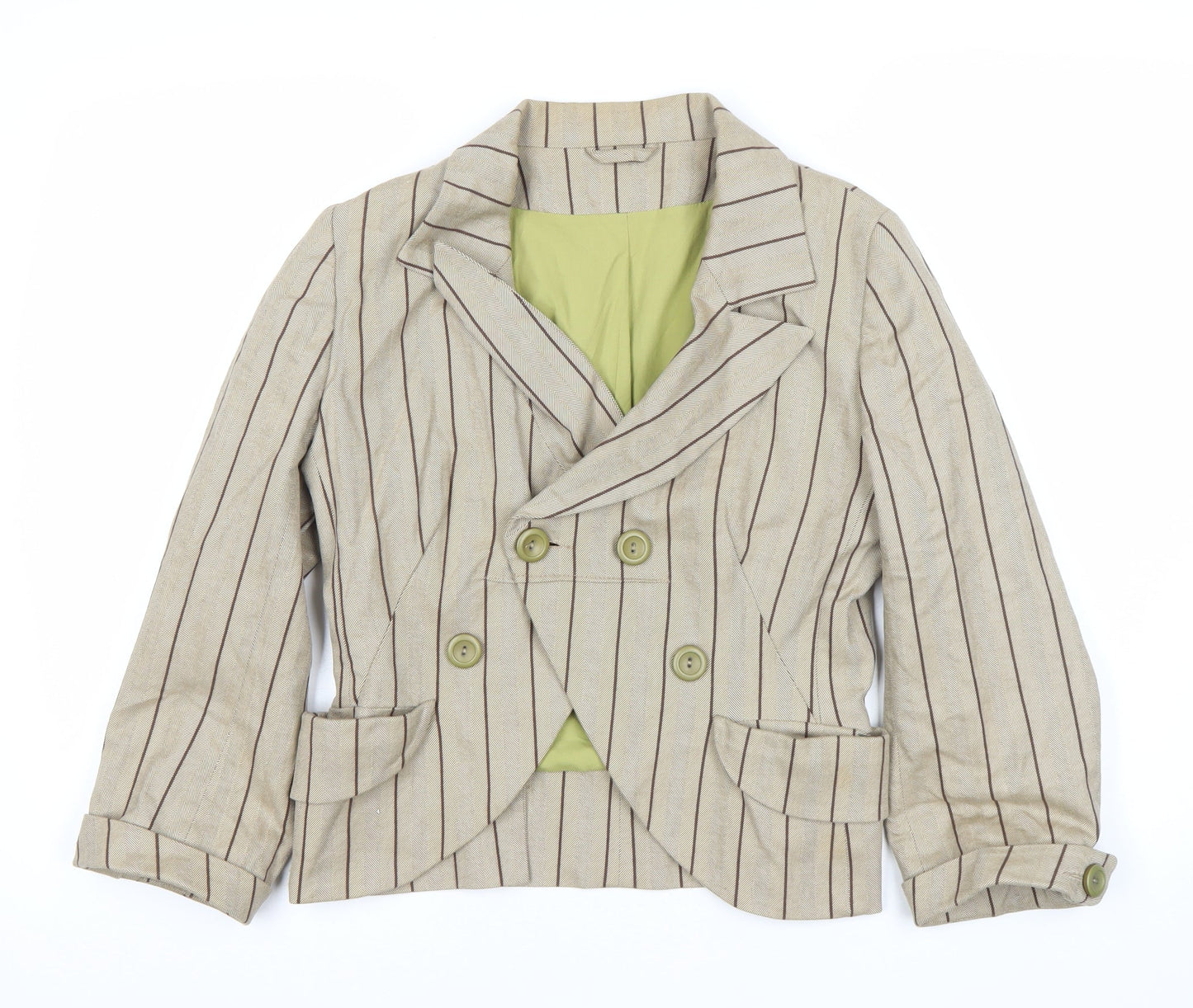 Topshop Womens Beige Pinstripe Double Breasted Suit Jacket Size 10