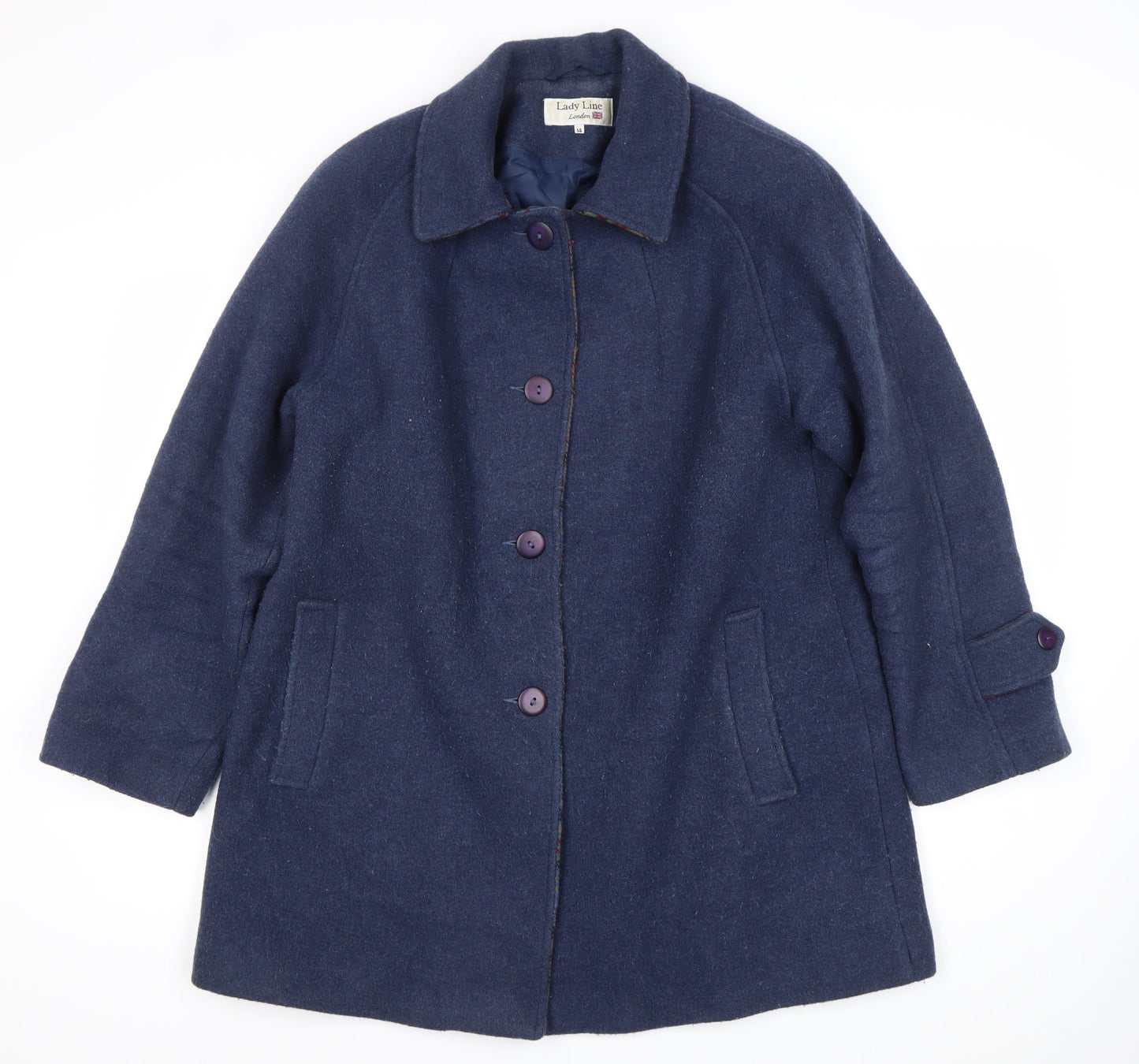 Lady Line London Women’s Blue Wool Blend Overcoat Size 14