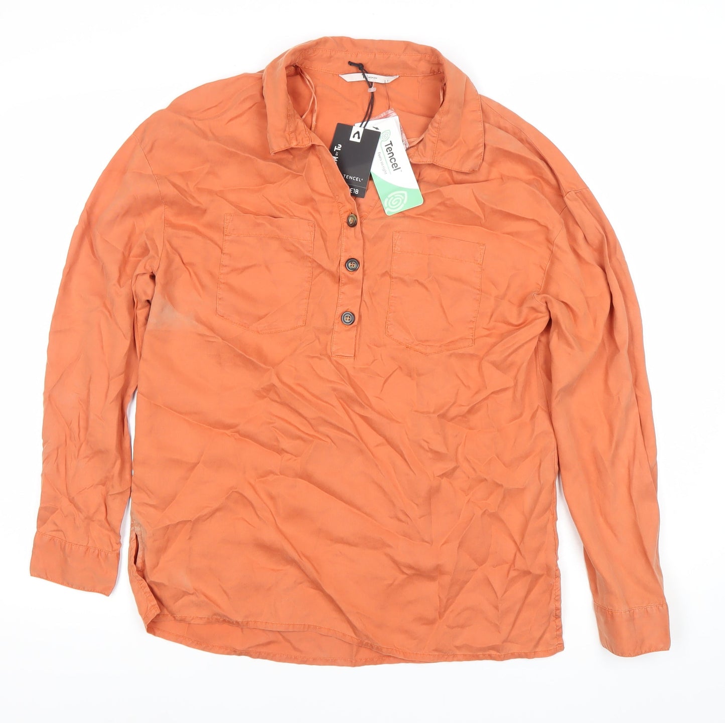 Tu Womens Orange Button-Up Shirt Size 8 Lyocell Collared Long Sleeve