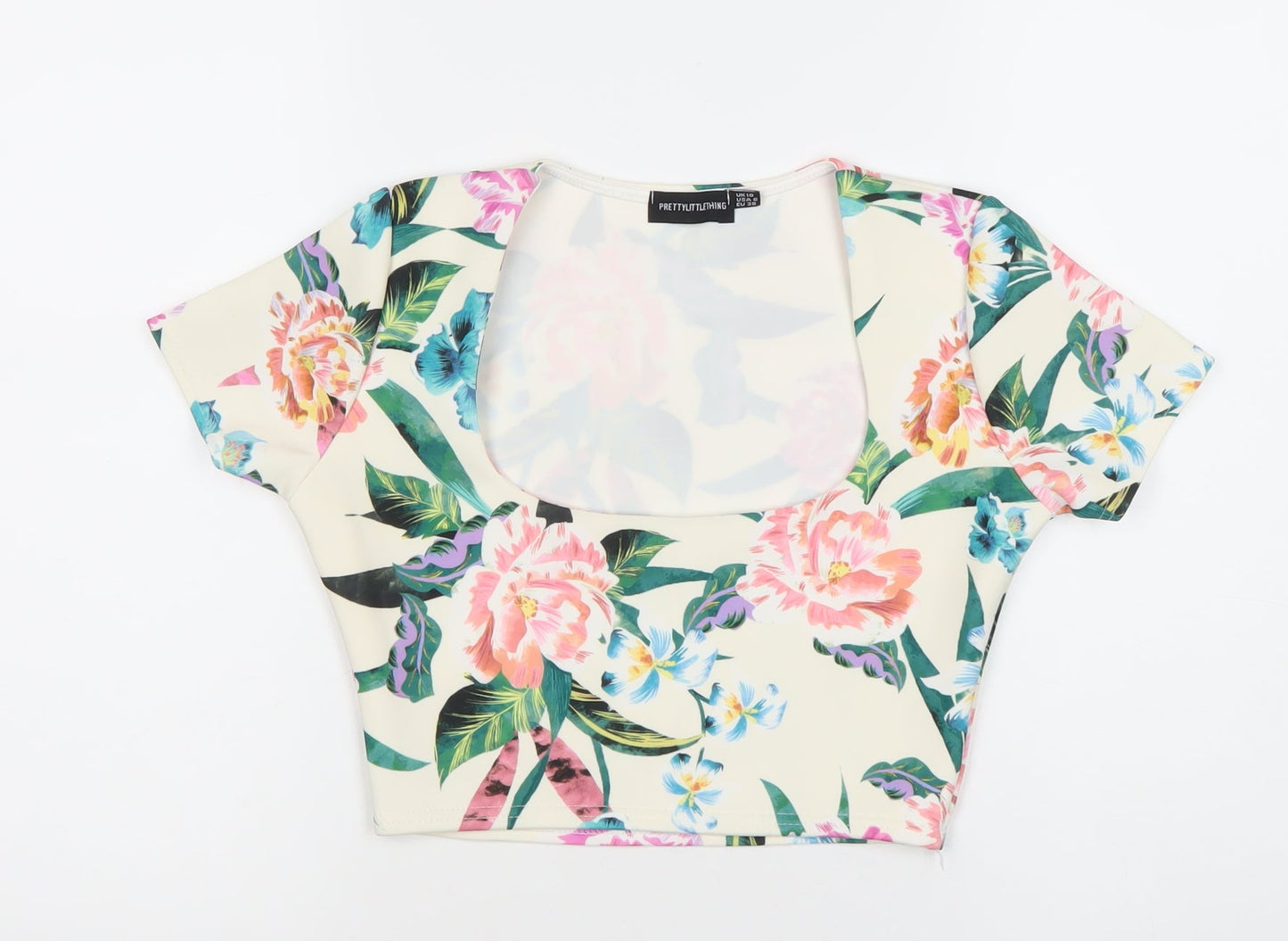 PrettyLittleThing Womens Multicoloured Floral Cropped T-Shirt Size 10