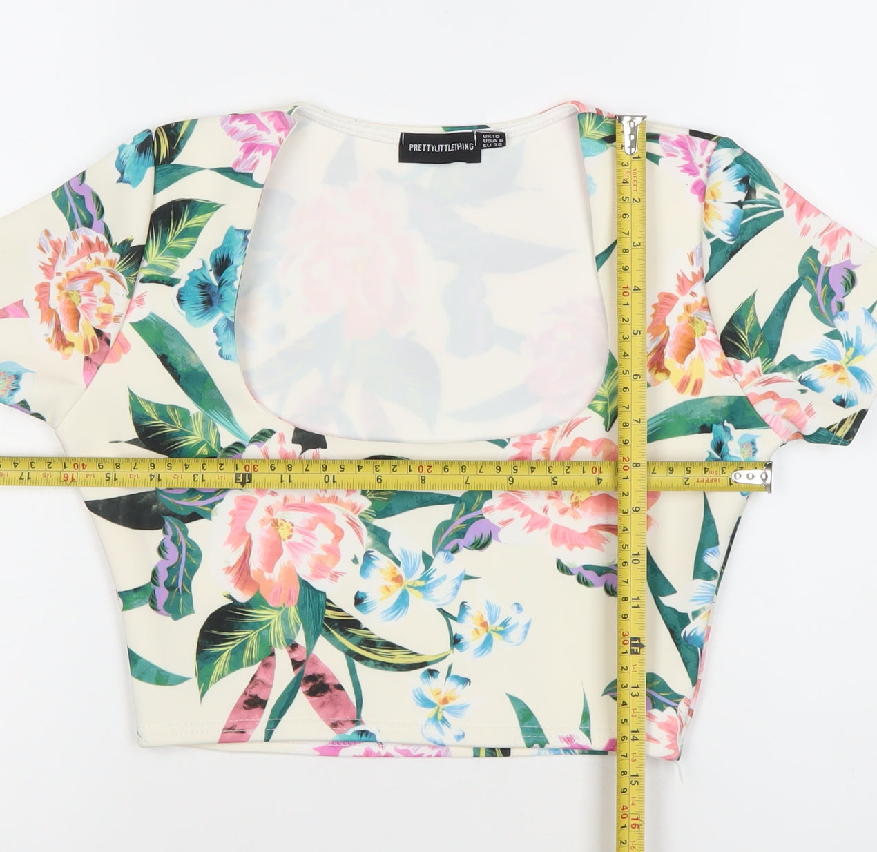 PrettyLittleThing Womens Multicoloured Floral Cropped T-Shirt Size 10
